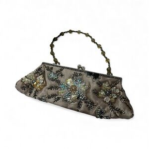 Embellished Floral Clutch with Beaded Handle